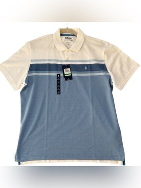 Izod Advantage Performance Men’s Polo Shirt Blue & White Striped Size L NWT